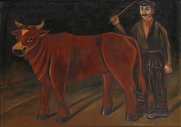  toro Lienzo - granjero con un toro 1916
